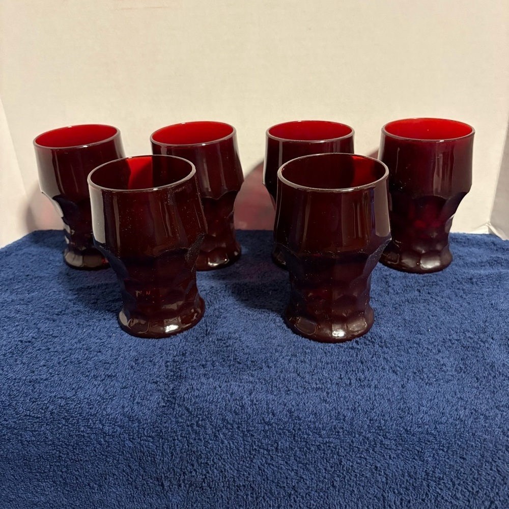 Vintage MCM Set Of Six 6 Ruby Red Anchor Hocking Georgian Honeycomb Tumblers USA